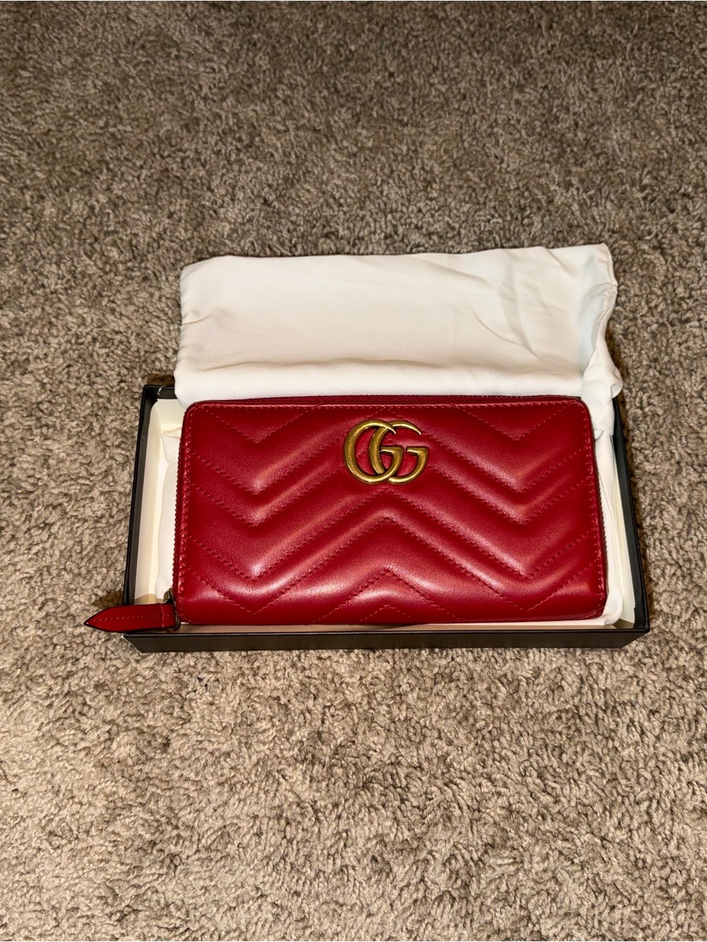 Gucci Red GG Chevron Zip Wallet with Gold Hardware